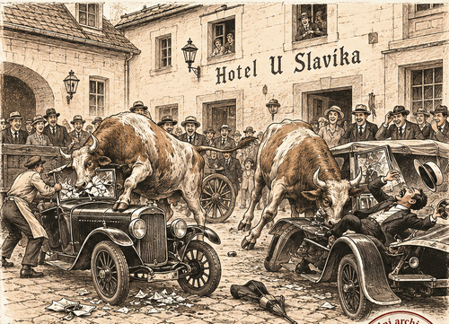 Humorná perokresba dvou volů mezi historickými automobily na dvoře