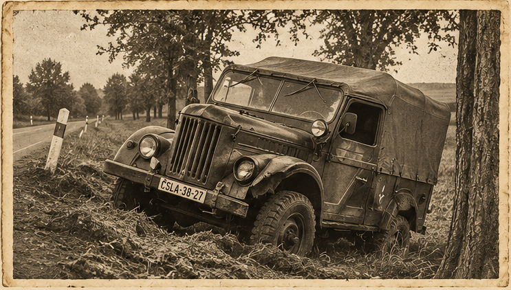 Černobílá ilustrační fotografie terénního automobilu GAZ-69 s plátěnou střechou