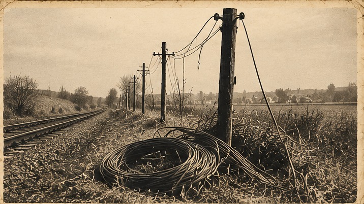 Novodobá sépiová ilustrace železniční tratě s telefonními sloupy a smotaným vedením