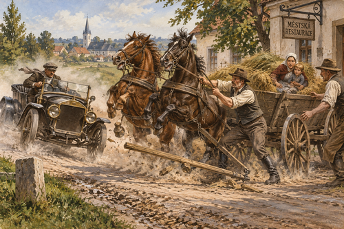 Historická perokresba splašných koní zaviněné automobilem.