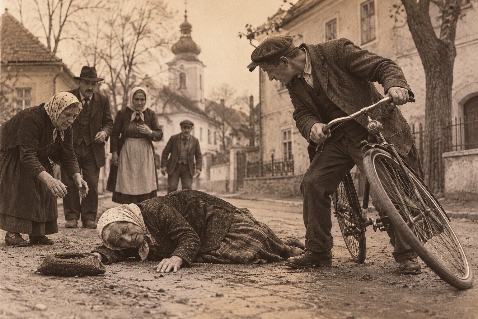 Ilustrační rekonstrukce nehody starší ženy a cyklisty v historické vesnici