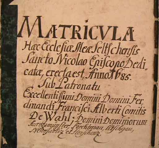 Úvodní stránka matriky farního úřadu v Želči z roku 1685